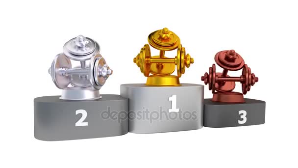 Dumbbell Podium com Prata Dourada e Troféu de Bronze em Rotação Infinita — Vídeo de Stock