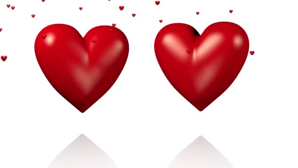 Dos grandes corazones rojos latiendo con flechas doradas que pasan con corazones diminutos lloviendo — Vídeos de Stock