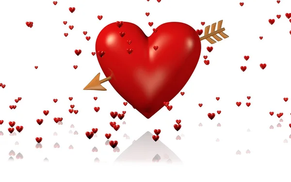 Un corazón grande y rojo con flecha dorada y muchos corazones diminutos —  Fotos de Stock
