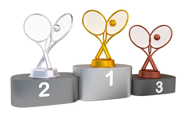 Tennis Podium with Gold Silver and Bronze Trophy — Stock Photo, Image