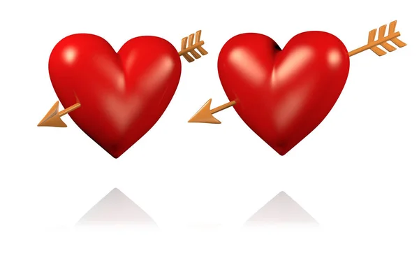 Altın ok ile iki büyük ve kırmızı kalp — Stok fotoğraf