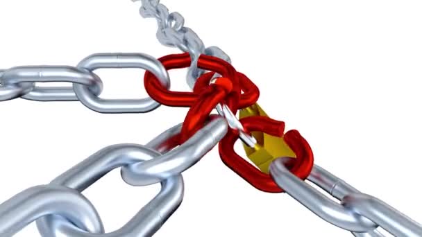 Rotación infinita de cuatro cadenas metálicas con eslabones tensados rojos y bloqueadas con un candado — Vídeo de stock