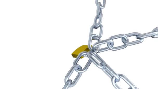 Cuatro cadenas metálicas bloqueadas con un candado en rotación infinita — Vídeo de stock
