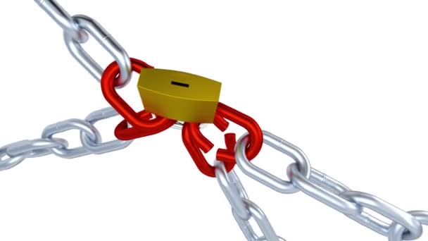 Eslabones tensados rojos en cuatro cadenas metálicas bloqueadas con un candado en rotación infinita — Vídeo de stock