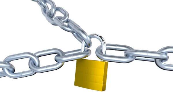 Tres cadenas metálicas bloqueadas con un candado — Foto de Stock