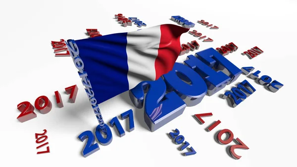 Gros plan sur le drapeau français dans le vent avec 2017 dessins — Photo