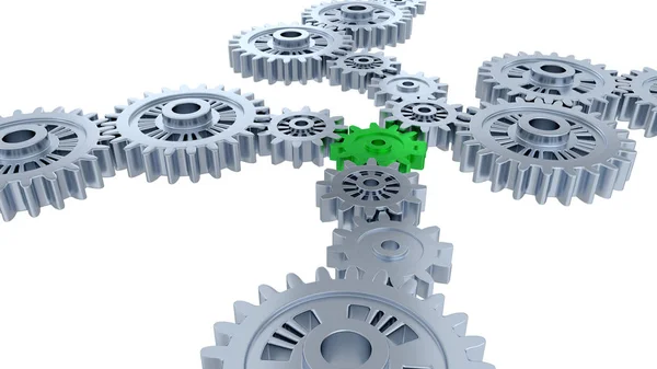 Side and Perspective View of Several Silver Gears and One Green — Stock Photo, Image