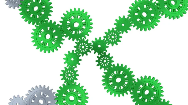 Up View of Three Silver Gears and Several Green Gears — Stock Photo, Image