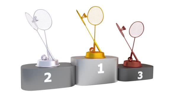 Badminton-Podest mit Gold Silber und Bronze Trophäe in unendlicher Rotation — Stockvideo