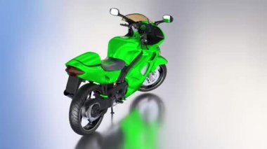 Mavi bir gökyüzü arka plan etrafında yeşil spor motosiklet olmadan herhangi bir marka ile sonsuz dönme