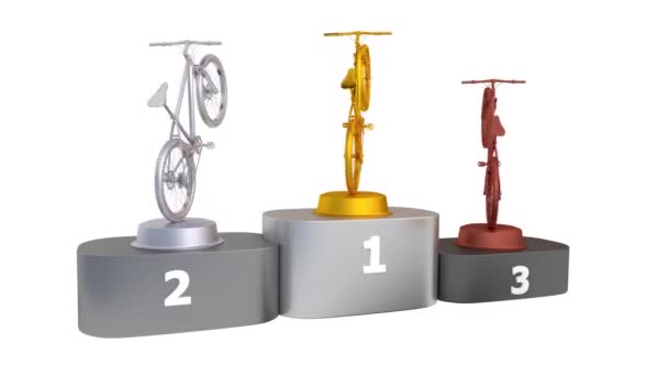 Mountain Bike Podium Com Prata Dourada Troféu Bronze Rotação Infinita — Vídeo de Stock