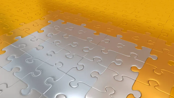 Oro Puzzle Piezas en todos los demás el suelo convirtiéndose en piezas de plata — Foto de Stock
