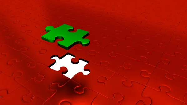 Egy zöld Puzzle darab felett minden más piros Puzzle darab a — Stock Fotó
