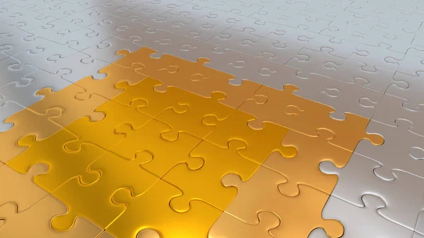 Puzzle parçaları diğer tarafta Altın parçaları haline zemin gümüş — Stok fotoğraf