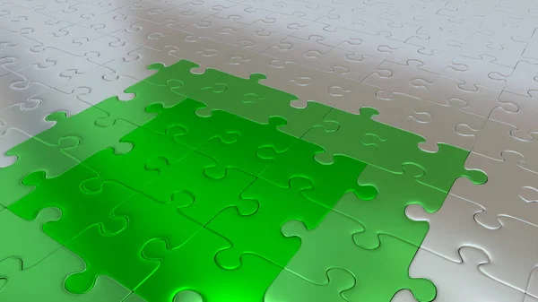 Plata Puzzle Piezas en todos los demás el suelo convirtiéndose en pieza verde — Foto de Stock