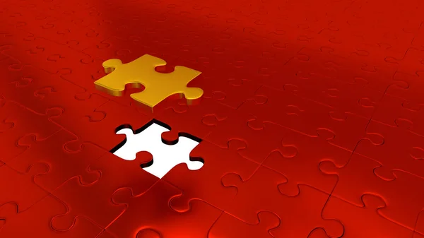 One Gold Puzzle Piece above all other Red Puzzle Pieces with one — Stock Photo, Image