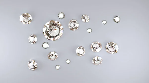 Birçok büyük elmas ışık gri arka plan üzerinde görünümü