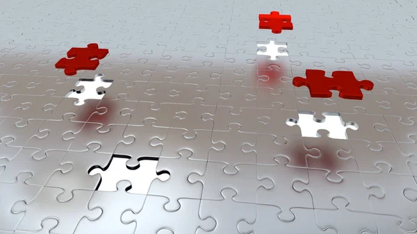 Cztery białe dziury w podłodze Puzzle kawałki z czerwonym trzy kawałki przede wszystkim innych — Zdjęcie stockowe