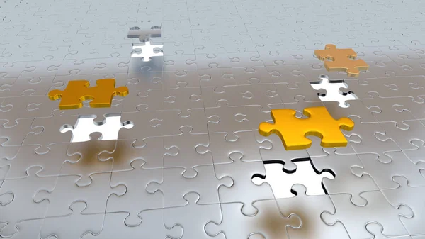 Four White Holes in Puzzle Pieces floor with Three Gold Pieces a — Stock Photo, Image
