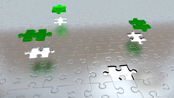 Três peças verdes acima de todas as outras peças cinzentas com quatro buracos brancos — Fotografia de Stock