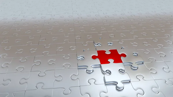 Négy ezüst puzzle Pieces tart egy piros darab — Stock Fotó