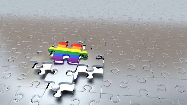 One Rainbow Puzzle Piece try to escape from Four other Silver Pieces — Stock Photo, Image