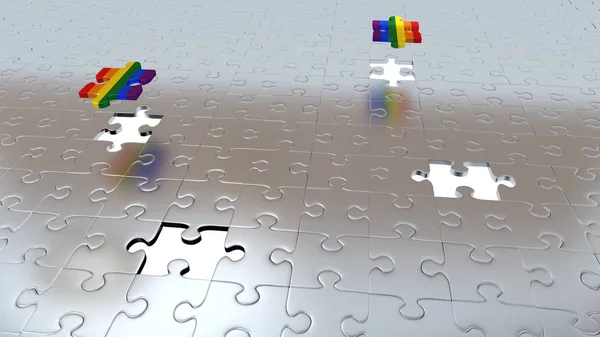 Cuatro agujeros blancos en el suelo de piezas de rompecabezas con dos piezas de arco iris — Foto de Stock