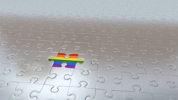 One Rainbow Puzzle Piece in all other Silver Pieces — Stock Photo, Image