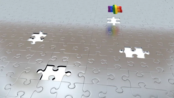 Vier witte gaten in puzzel stukjes vloer met een regenboog stukje boven alle andere — Stockfoto