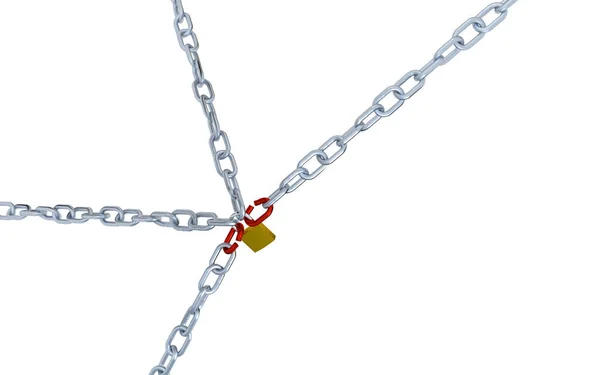 Duży Przekątnej Widok Czterech Długich Metalowych Łańcuchów Dwóch Czerwony Link — Zdjęcie stockowe
