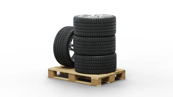Cuatro ruedas deportivas grandes apiladas en una plataforma de madera —  Fotos de Stock
