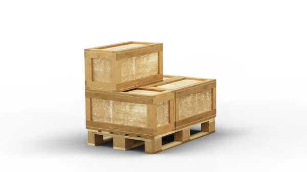 Quattro scatole di trasporto di legno impilate direttamente su un pallet di legno — Foto Stock