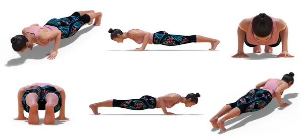 Mujer en Yoga Plank Pose Bajo con 6 ángulos de vista — Foto de Stock