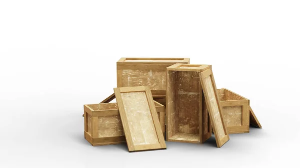 Cinque scatola di trasporto di legno sul pavimento con tre è stato aperto — Foto Stock