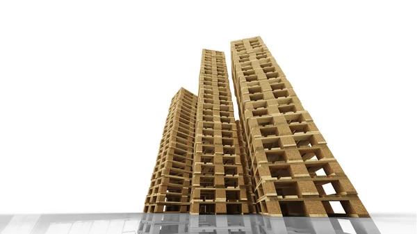 Low angle view of Four high heaps of Wood Pallets — Stock Photo, Image