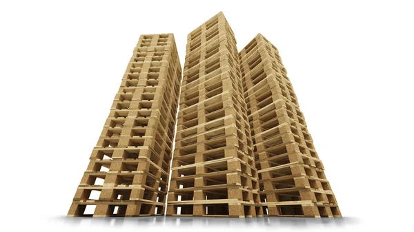 Low angle view of Three very high Wood Pallets Piles — Stock Photo, Image