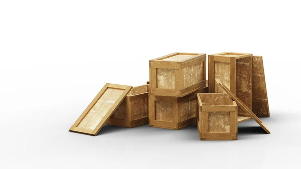 세 개와 함께 바닥에 놓여 있는 여섯 개 의나무 운반 상자가 열렸다 — 스톡 사진
