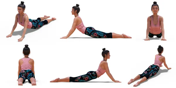 Perempuan di Yoga Cobra Pose dengan 6 sudut pandang — Stok Foto