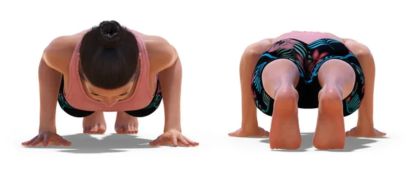 Vpředu a vzadu Poses of a Woman in Yoga Low Plank Pose — Stock fotografie