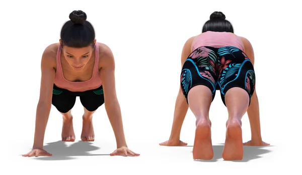 Vpředu a vzadu Poses of a Woman in Yoga Plank Pose — Stock fotografie