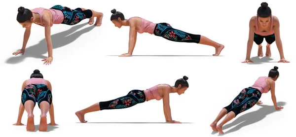 Kvinna i Yoga Plank Pose med 6 synvinklar — Stockfoto