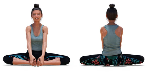 Posizioni anteriori e posteriori di una donna nell'angolo legato allo yoga — Foto Stock