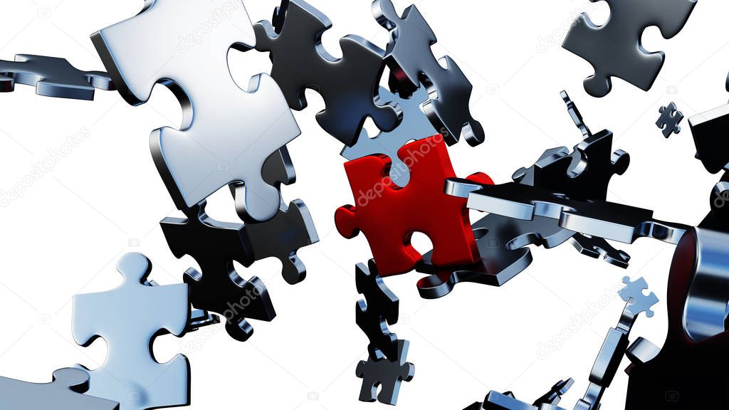 Many silver puzzle pieces in chaos with one large red piece in t
