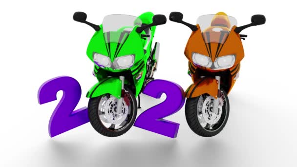 2020 Design Two Sport Motorbike Ρόδες Άπειρη Περιστροφή Λευκό Φόντο — Αρχείο Βίντεο