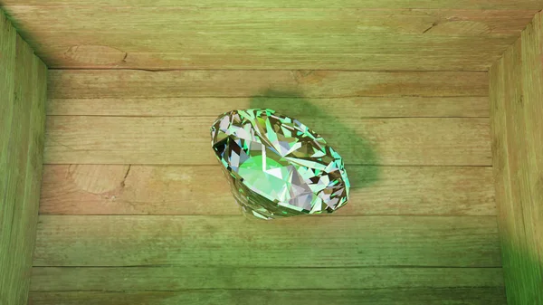 Nahaufnahme eines sehr großen grünen Diamanten in einer Holzkiste — Stockfoto