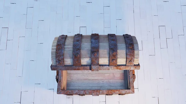 Top view of an old wood with rusty metal Chest empty and almost — Stock Photo, Image