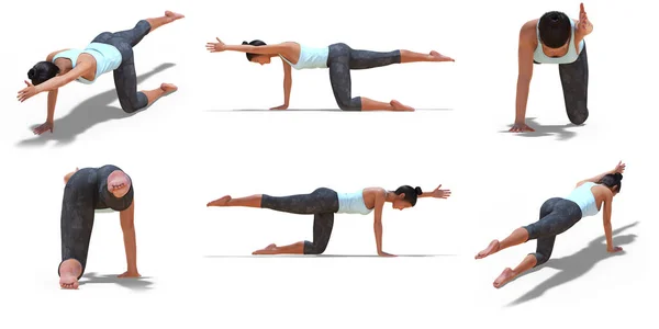 Frau in Yoga-Sonnenvogel-Pose mit 6 Blickwinkeln — Stockfoto