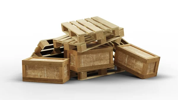 Несколько деревянных поддонов и бардак в ящике для транспортировки — стоковое фото