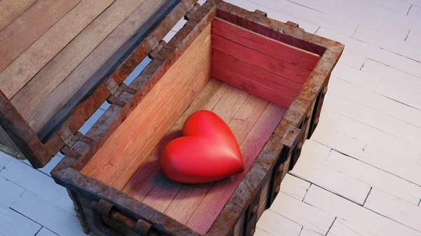 Vista de um coração vermelho muito grande e gordinho dentro de uma madeira velha com — Fotografia de Stock