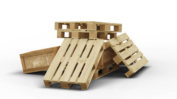 Несколько деревянных поддонов и транспортная коробка грязные сложены
 